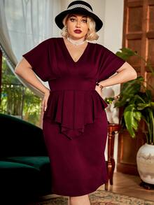 CurvySweet 大碼褶皺荷葉邊下擺緊身洋裝 - 酒紅色 - 查看 6