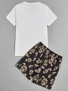 Manfinity 男士標語和樹葉印花T恤和腰部抽繩短褲套裝 - 彩色 - 查看 2