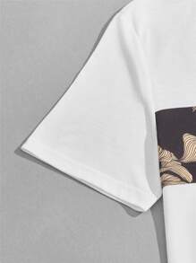 Manfinity 男士標語和樹葉印花T恤和腰部抽繩短褲套裝 - 彩色 - 查看 3