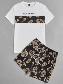 Manfinity 男士標語和樹葉印花T恤和腰部抽繩短褲套裝 - 彩色 - 查看 5