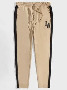 Manfinity VCAY 男士字母圖案側條紋長褲 - 卡其色 - 查看 5