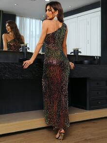 Missord One Shoulder Slit Thigh Sequin Prom Dress