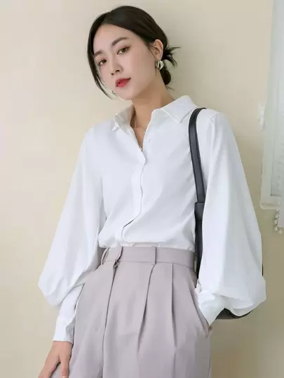 DAZY Women's Solid Color Long Sleeve Casual Business Shirt, Autumn,Ladies Casual Button Long Sleeve Collar Regular Fit Regular White Bishop Sleeve Shirt Women Blouses,Spring/Fall ,Professional/Business Attire/Workwear,Long Sleeve Tops