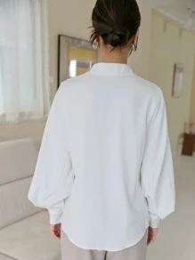 DAZY Women's Solid Color Long Sleeve Casual Business Shirt, Autumn,Ladies Casual Button Long Sleeve Collar Regular Fit Regular White Bishop Sleeve Shirt Women Blouses,Spring/Fall ,Professional/Business Attire/Workwear,Long Sleeve Tops - White - View 2