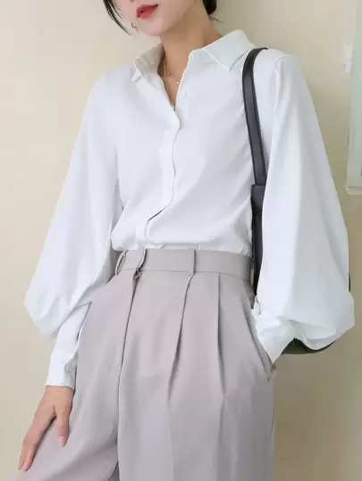 DAZY 女士纯色长袖休闲商务衬衫，秋季，女士休闲纽扣长袖领常规版型白色主教袖衬衫，女士衬衫，春秋季，职业/商务着装/工作服，长袖上衣