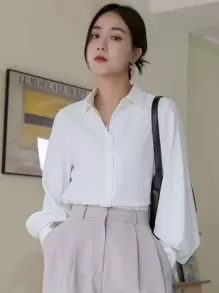 DAZY Women's Solid Color Long Sleeve Casual Business Shirt, Autumn,Ladies Casual Button Long Sleeve Collar Regular Fit Regular White Bishop Sleeve Shirt Women Blouses,Spring/Fall ,Professional/Business Attire/Workwear,Long Sleeve Tops - White - View 6