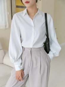 DAZY Women's Solid Color Long Sleeve Casual Business Shirt, Autumn,Ladies Casual Button Long Sleeve Collar Regular Fit Regular White Bishop Sleeve Shirt Women Blouses,Spring/Fall ,Professional/Business Attire/Workwear,Long Sleeve Tops - White - View 8