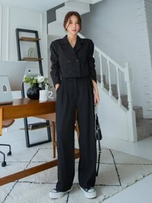 DAZY Bộ âu phục nữ Nút đôi Túi màu trơn Thanh lịch - màu đen - Xem 7
