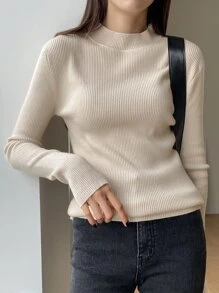 DAZY Mock Neck Ribbed Knit Jumper - Apricot - View 1