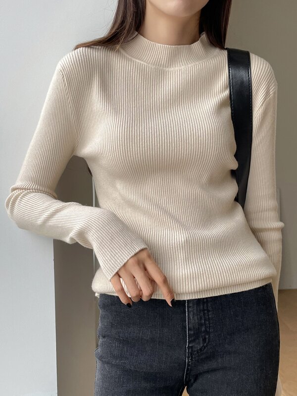 DAZY Women's Plain Stand Collar Long Sleeve Knitted Sweater, Business Casual Style, Autumn,Long Sleeve Tops