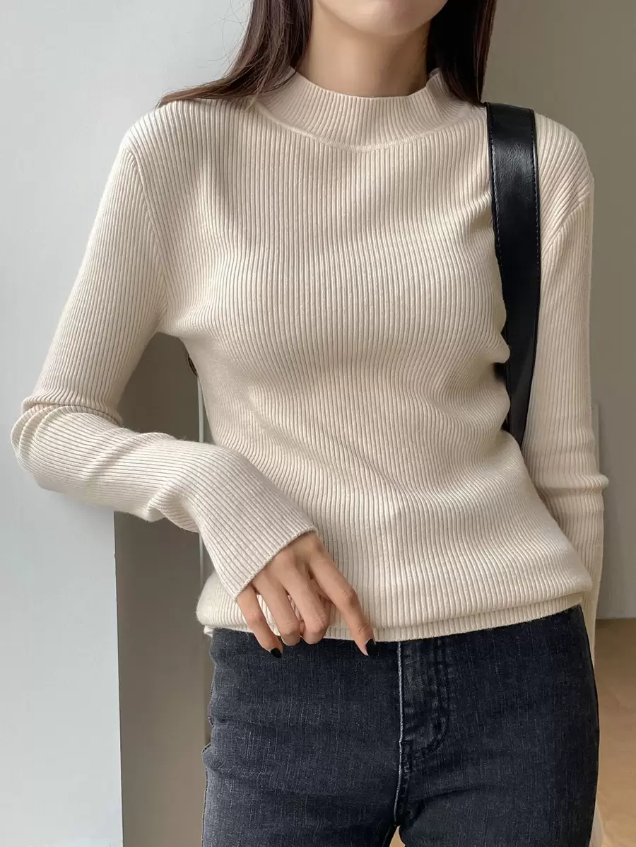 DAZY Mock Neck Ribbed Knit Jumper - Apricot - View 1