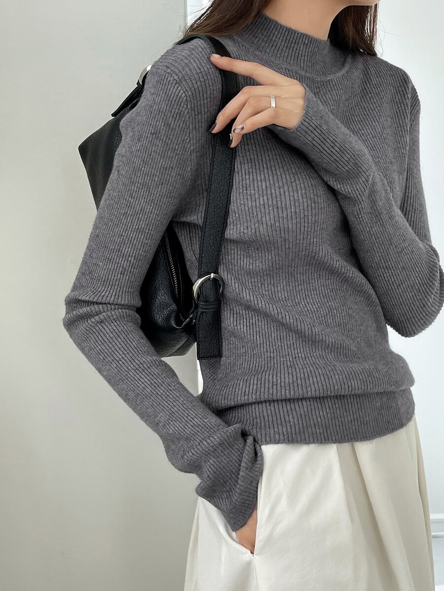 DAZY 1pc Business Casual Style Solid Color Stand Collar Slim Fit Sweater,Long Sleeve Tops,Fall Clothes - Dark Grey - View 1