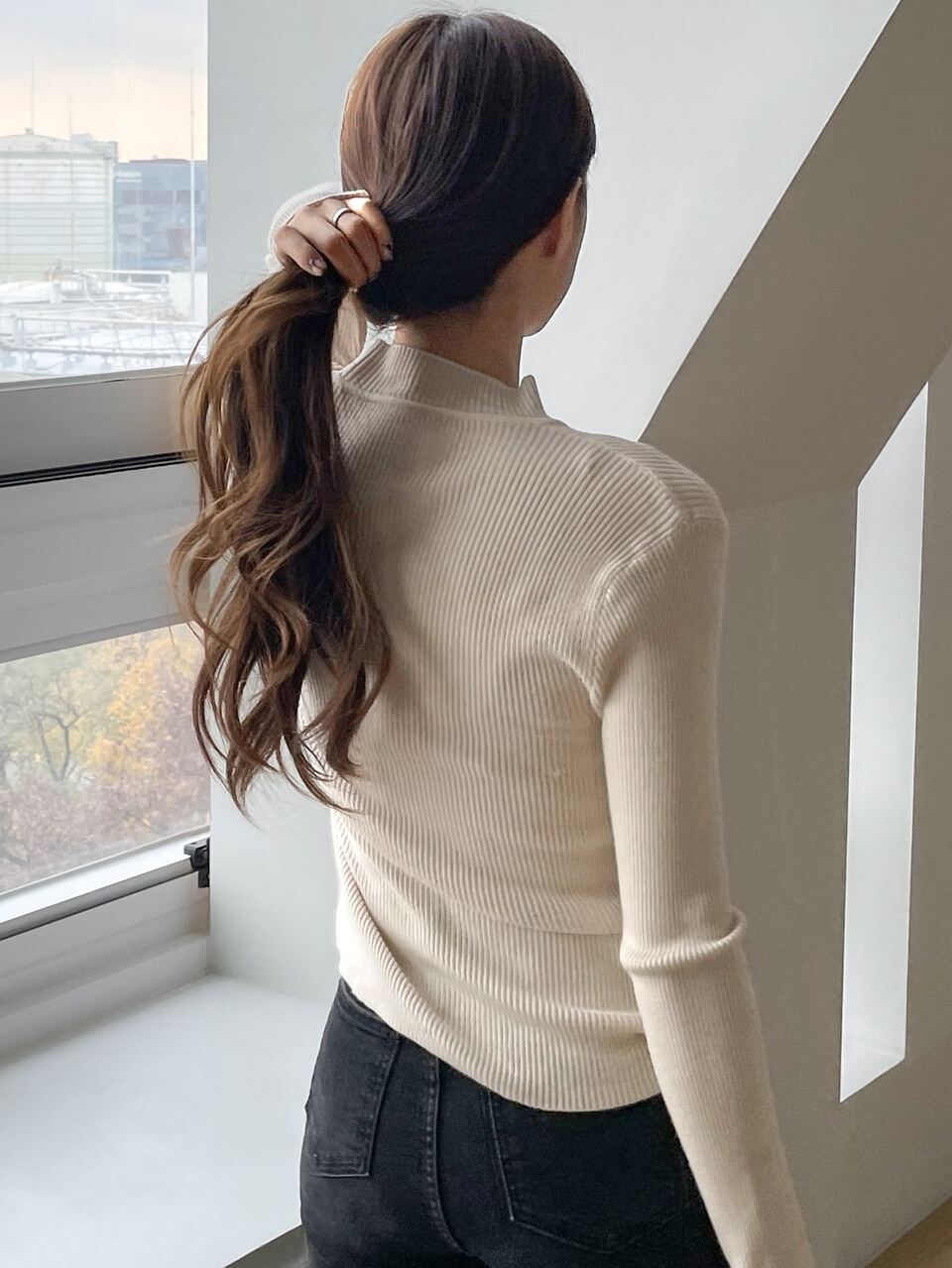 Women's Plain Stand Collar Long Sleeve Knitted Sweater, Business Casual Style, Autumn,Long Sleeve Tops,Fall Women Clothes