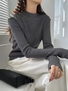 DAZY 1pc Business Casual Style Solid Color Stand Collar Slim Fit Sweater,Long Sleeve Tops,Fall Clothes - Dark Grey - View 3