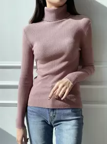 DAZY Ribbed Knit Turtleneck Jumper - Dusty Pink - View 1