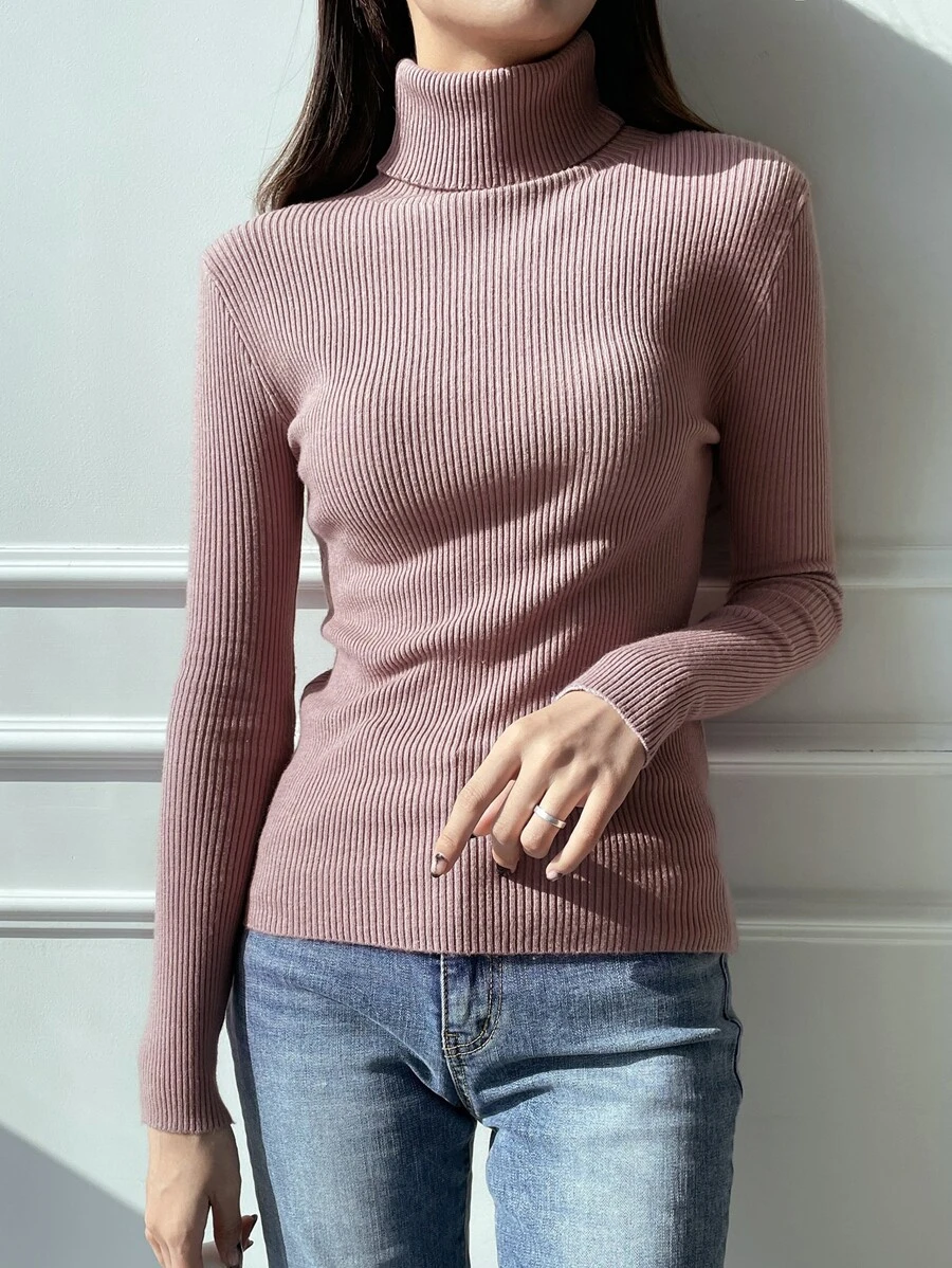 DAZY Ribbed Knit Turtleneck Jumper - Dusty Pink - View 1