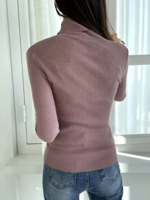 DAZY Ribbed Knit Turtleneck Jumper - Dusty Pink - View 2