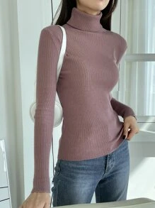 DAZY Ribbed Knit Turtleneck Jumper - Dusty Pink - View 7