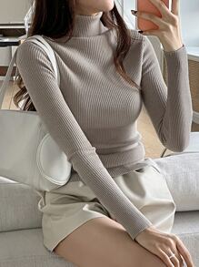 DAZY Áo len cổ lọ dệt kim gân, Quần áo nữ mùa thu - Màu Khaki - Xem 3