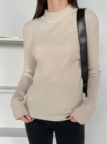 DAZY Mock Neck Ribbed Knit Jumper - Apricot - View 5
