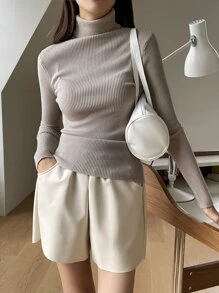 DAZY Áo len cổ lọ dệt kim gân, Quần áo nữ mùa thu - Màu Khaki - Xem 4