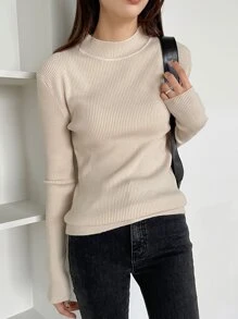DAZY Mock Neck Ribbed Knit Jumper - Apricot - View 6