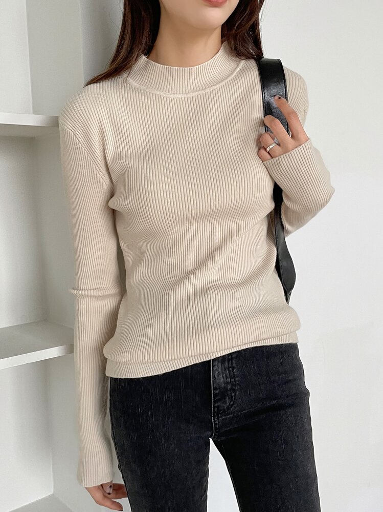 DAZY Women's Plain Stand Collar Long Sleeve Knitted Sweater, Business Casual Style, Autumn,Long Sleeve Tops,Fall Women Clothes - Apricot - View 6