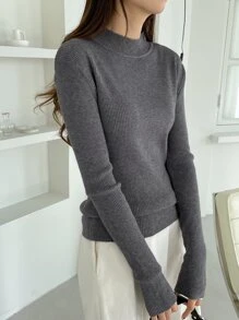 DAZY 1pc Business Casual Style Solid Color Stand Collar Slim Fit Sweater,Long Sleeve Tops,Fall Clothes - Dark Grey - View 2