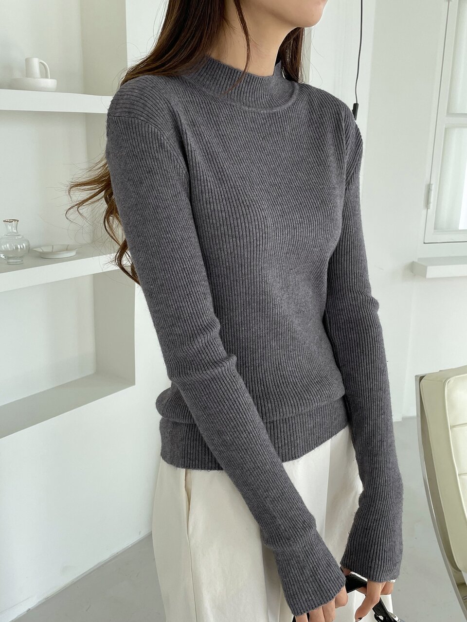 1pc Business Casual Style Solid Color Stand Collar Slim Fit Sweater,Long Sleeve Tops,Fall Clothes