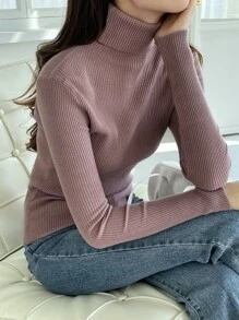 DAZY Ribbed Knit Turtleneck Jumper - Dusty Pink - View 3