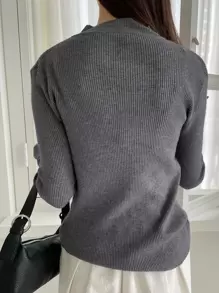 DAZY 1pc Business Casual Style Solid Color Stand Collar Slim Fit Sweater,Long Sleeve Tops,Fall Clothes - Dark Grey - View 8