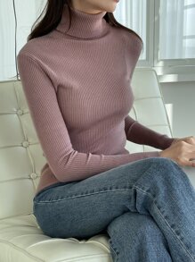 DAZY Ribbed Knit Turtleneck Jumper - Dusty Pink - View 4