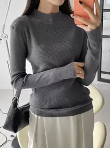 DAZY 1pc Business Casual Style Solid Color Stand Collar Slim Fit Sweater,Long Sleeve Tops,Fall Clothes - Dark Grey - View 6