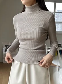 DAZY Áo len cổ lọ dệt kim gân, Quần áo nữ mùa thu - Màu Khaki - Xem 6