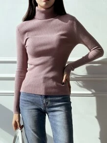 DAZY Ribbed Knit Turtleneck Jumper - Dusty Pink - View 6