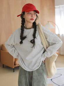 DAZY Striped Print Drop Shoulder Tee - Beige - View 1