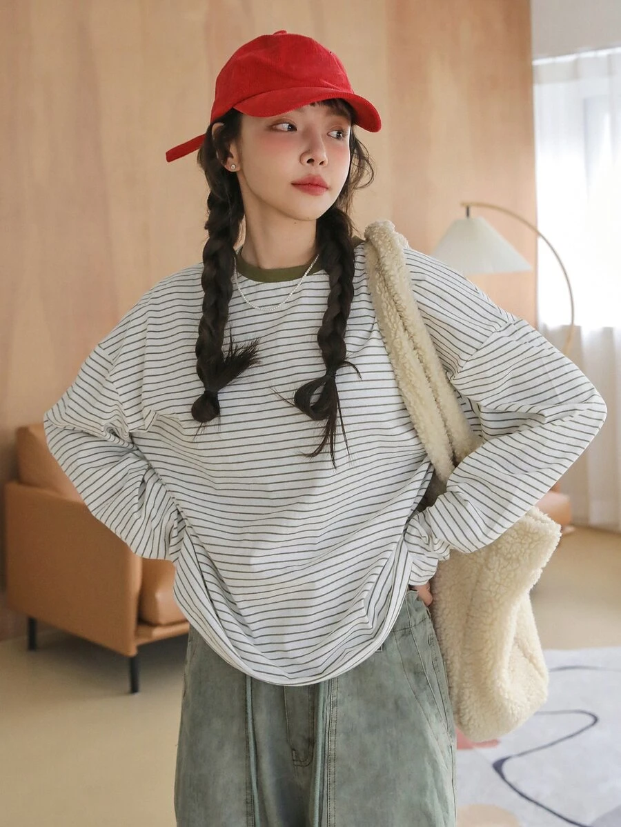DAZY Striped Print Drop Shoulder Tee - Beige - View 1