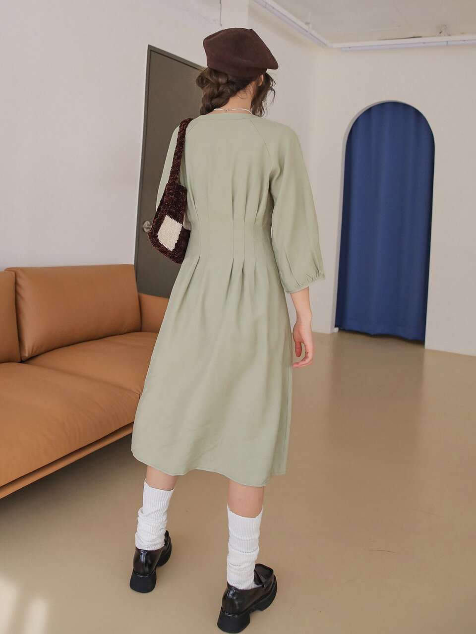 Raglan Sleeve Fold Pleated Dress
