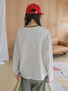DAZY Striped Print Drop Shoulder Tee - Beige - View 2