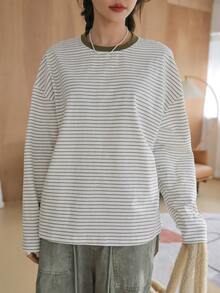 DAZY Striped Print Drop Shoulder Tee - Beige - View 3