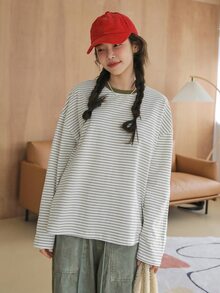 DAZY Striped Print Drop Shoulder Tee - Beige - View 4