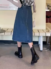 DAZY 高腰斜口袋牛仔裙牛仔裙 - 深色水洗藍 - 查看 2