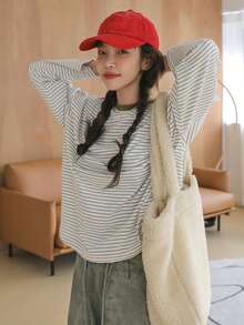 DAZY Striped Print Drop Shoulder Tee - Beige - View 5