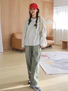 DAZY Striped Print Drop Shoulder Tee - Beige - View 6