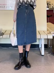 DAZY 高腰斜口袋牛仔裙牛仔裙 - 深色水洗藍 - 查看 3