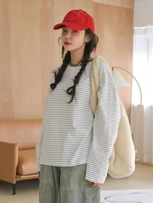 DAZY Striped Print Drop Shoulder Tee - Beige - View 7