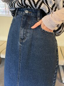 DAZY 高腰斜口袋牛仔裙牛仔裙 - 深色水洗藍 - 查看 4