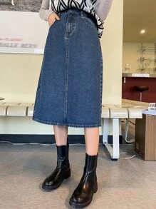 DAZY 高腰斜口袋牛仔裙牛仔裙 - 深色水洗藍 - 查看 6