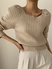 DAZY Ribbed Knit Puff Sleeve Jumper - Apricot - View 1