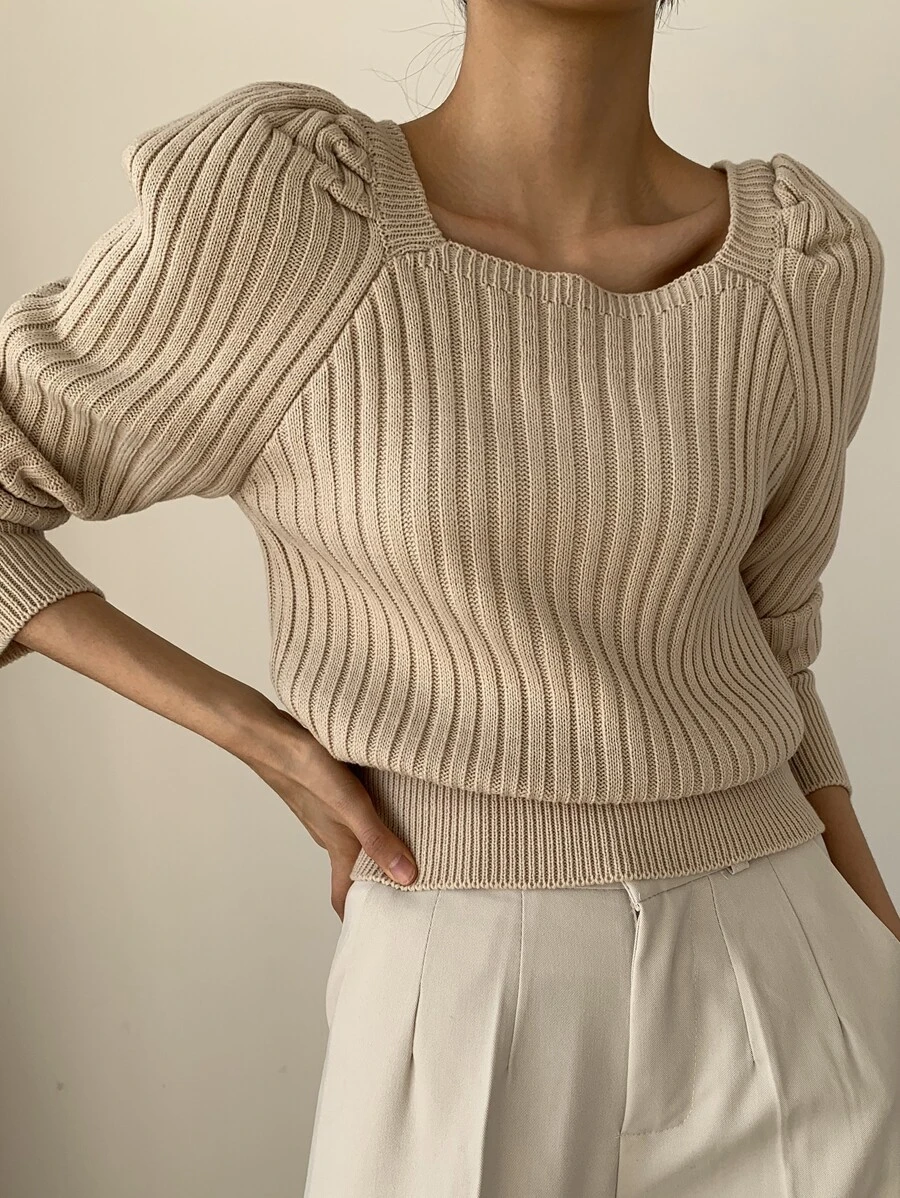 DAZY Ribbed Knit Puff Sleeve Jumper - Apricot - View 1